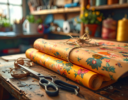 Craft supplies including patterned paper and scissors rest on a wooden table evoking a cozy workshop atmosphere Ideal for gift-giving or crafting projects.の素材