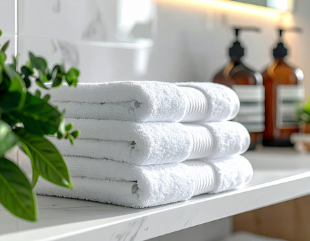 Clean white towels are neatly stacked on a marble shelf in a bright bathroom setting Ideal for spa and home decor concepts.の素材