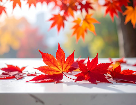 Vibrant red maple leaves rest on a white surface bathed in warm autumn sunlight creating a peaceful fall scene Ideal for seasonal backgrounds and nature themesの素材