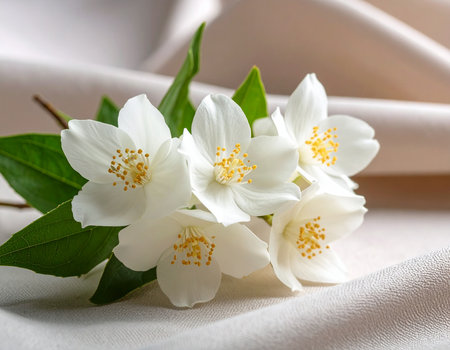 Delicate white jasmine blossoms rest on soft, flowing fabric creating a serene and elegant scene Ideal for floral arrangements and springtime concepts.の素材