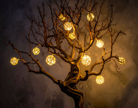 Intricate branch decorates a dark wall with glowing spherical lights creating a warm ambiance Ideal for interior design and atmospheric settingsの素材