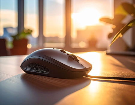 A black computer mouse rests on a warm wooden desk bathed in golden sunlight creating a productive workspace Ideal for technology and office conceptsの素材