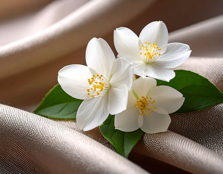 Delicate white jasmine blossoms rest upon soft, textured fabric creating a serene and elegant composition Ideal for floral arrangements and spring themes.の素材