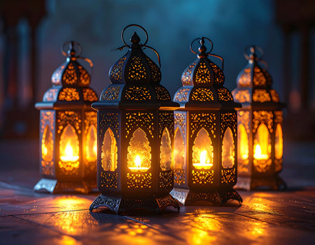 Intimate scene featuring ornate metal lanterns emitting a soft, warm glow creating a cozy atmosphere Ideal for festive or cultural themes.の素材