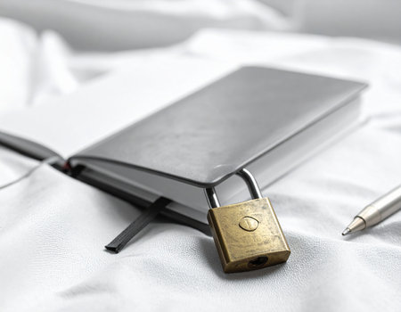 A closed diary rests on white fabric secured with a brass padlock suggesting privacy and secrets Ideal for concepts of journaling and security.の素材