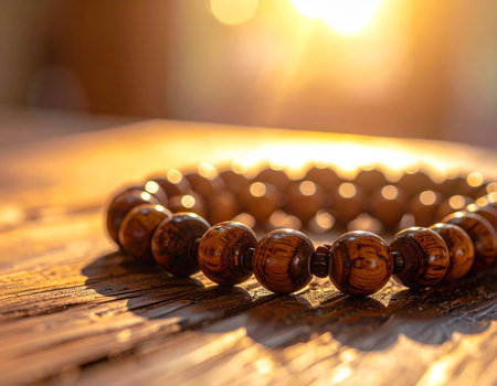 Warm sunlight illuminates a wooden beaded bracelet resting on a textured surface creating a peaceful and serene mood Ideal for meditation or wellness themes.の素材