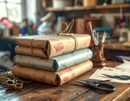 A stack of beautifully wrapped presents sits on a rustic wooden table with scissors and twine nearby Perfect for holiday gifting and celebrationsの素材