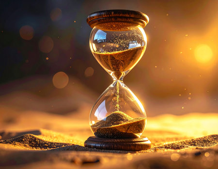 Golden sand flows within a glass hourglass symbolizing the passage of time and fleeting moments Use for concepts of deadlines, memories, or history.の素材