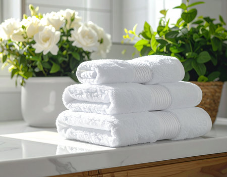 Fluffy white towels are neatly stacked on a marble surface with floral arrangements nearby creating a serene bathroom scene Ideal for spa and wellness conceptsの素材
