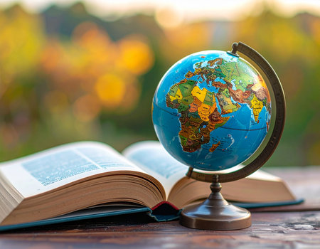 A vintage globe and open book suggest exploration and learning, creating a peaceful academic atmosphere Ideal for educational content and travel themesの素材