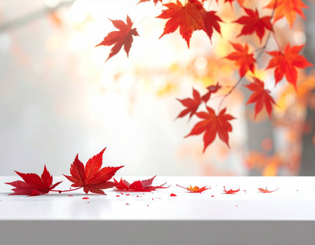 Vibrant red maple leaves rest on a white surface with blurred foliage in the background creating a peaceful autumn scene Ideal for seasonal designsの素材