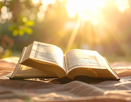 An open Quran rests bathed in warm sunlight creating a peaceful and reverent atmosphere Ideal for religious content and spiritual themesの素材