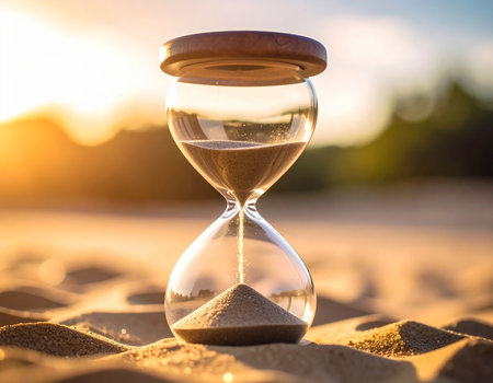 Golden sand flows through a glass hourglass against a warm sunset backdrop evoking a sense of fleeting time Use for concepts of deadlines or memories.の素材