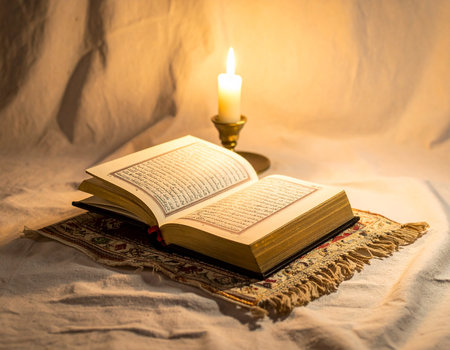 An open Quran rests on a patterned rug illuminated by a single candle creating a peaceful and reverent atmosphere Ideal for religious themes and spiritual content.の素材