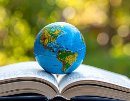A miniature globe sits atop an open book against a blurred green background suggesting learning and global awareness Ideal for educational content and travel themesの素材