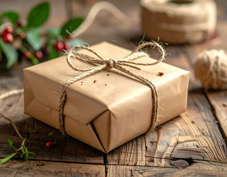 Rustic gift wrapping with natural twine and sprigs of greenery creates a cozy and inviting scene Perfect for holiday or celebration themes.の素材