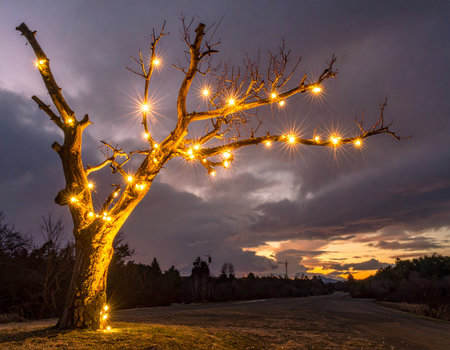 A solitary tree glows warmly with decorative lights against a dramatic evening sky creating a peaceful atmosphere Ideal for seasonal or atmospheric designsの素材