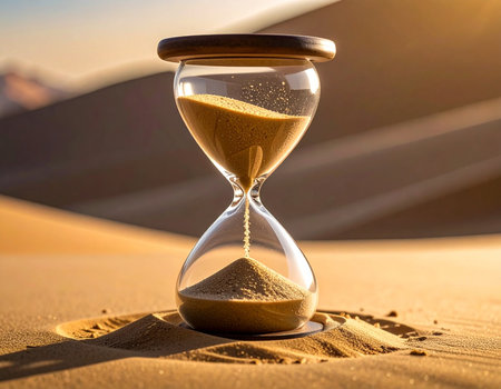 An hourglass sits partially buried in desert sand as time slowly slips away evoking a sense of solitude and the passage of time Ideal for concepts of time and nature.の素材