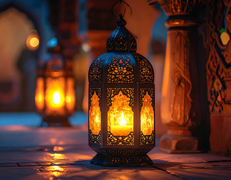 Warm light emanates from ornate Moroccan lanterns in a peaceful courtyard setting Ideal for cultural and festive backgrounds.の素材