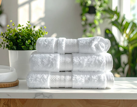 Clean white towels are neatly stacked on a bright bathroom surface creating a spa-like atmosphere Ideal for wellness and home decor concepts.の素材