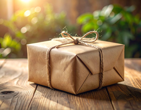 A brown paper package tied with twine rests on a rustic wooden surface, bathed in warm sunlight. Ideal for gift-giving or seasonal themes.の素材