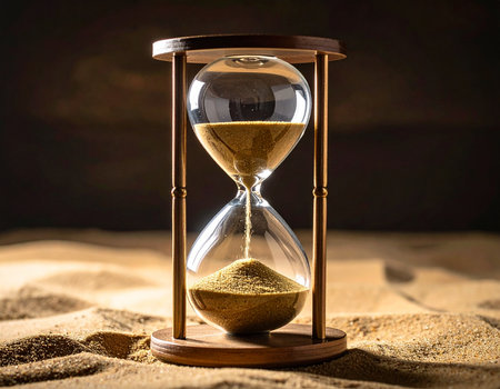 Classic hourglass measures time with golden sand gently falling through its narrow neck Evokes concepts of time passing and fleeting moments Ideal for symbolic or conceptual projects.の素材