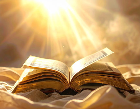 An open holy book rests on fabric bathed in golden light evoking reverence and spirituality Ideal for religious themes and faith based conceptsの素材