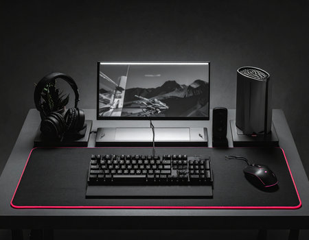Modern gaming station features a sleek black desk with illuminated keyboard and headset Ideal for gaming and technology related content.の素材