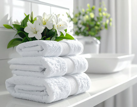 Fresh white towels neatly stacked in a bright bathroom create a serene and inviting atmosphere Ideal for wellness and home decor concepts.の素材