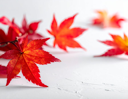 Autumnal red maple leaves rest on a textured white background creating a serene fall scene Ideal for seasonal designs and nature themes.の素材