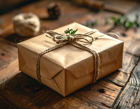 Rustic brown package tied with natural twine and a sprig of foliage creates a warm, inviting feel Ideal for gift-giving concepts and seasonal themes.の素材