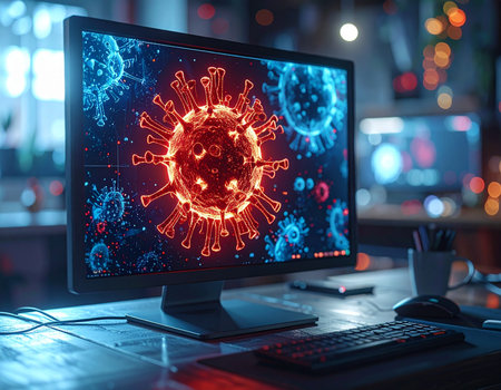 A computer monitor displays a glowing image of a coronavirus structure in a darkened office setting. Ideal for illustrating health and technology concepts.の素材