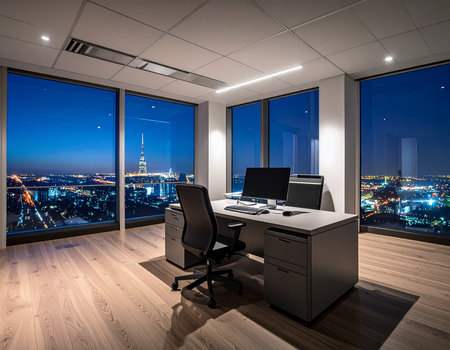 Modern office space features a desk and chair overlooking a vibrant nighttime city view Ideal for corporate and interior design conceptsの素材