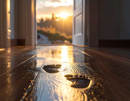 Sunlight streams through an open doorway illuminating wet barefoot footprints on a wooden floor evoking a sense of warmth and homecoming Ideal for lifestyle and interior design conceptsの素材