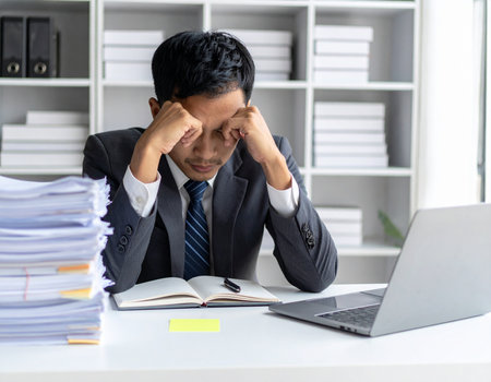 Frustrated office worker overwhelmed with a large stack of documents and laptop showing signs of burnout Use for business and stress related concepts.の素材