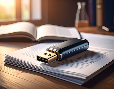 A USB flash drive rests on a stack of papers near an open book, suggesting data storage and information access. Ideal for technology and education concepts.の素材