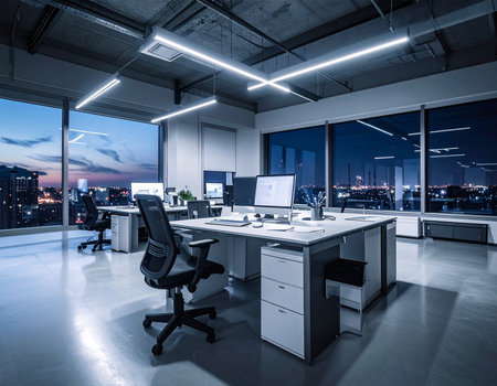 Contemporary office space features large windows overlooking a vibrant cityscape at dusk Ideal for corporate and business themes.の素材