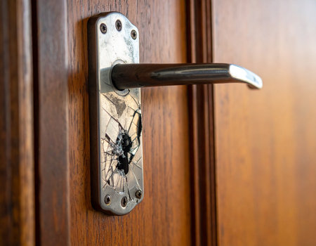 A damaged door lock with shattered glass is shown on a wooden door suggesting a break-in or forced entry Use for security or crime related conceptsの素材