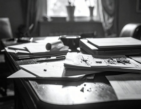 A cluttered desk displays scattered papers and writing implements evoking a sense of intense work or creative process Ideal for illustrating concepts of research or study.の素材