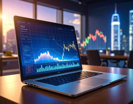 Modern laptop shows complex stock market charts and graphs in a dimly lit office setting Ideal for illustrating finance, technology, and investment concepts.の素材