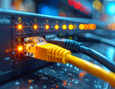 Close-up of a yellow ethernet cable plugged into a network router with illuminated lights. Ideal for technology and connectivity concepts.の素材