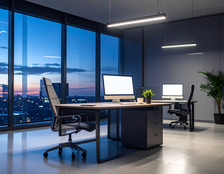Contemporary office space features large windows overlooking a cityscape at dusk creating a calm atmosphere Ideal for corporate and interior design projectsの素材