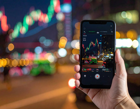 Person holding a smartphone showing a stock market chart at night, suggesting investment and technology Use for finance and digital lifestyle concepts.の素材