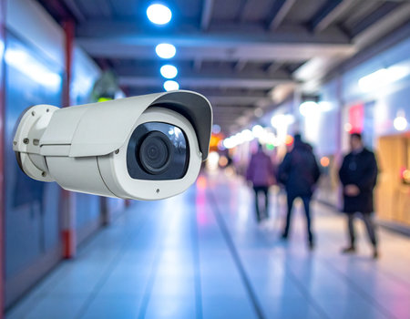 A security camera monitors a busy subway platform with blurred pedestrians walking by Ideal for security and public safety concepts.の素材