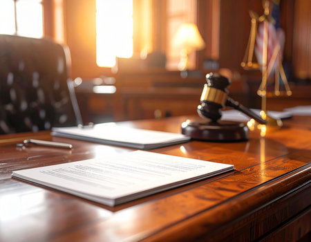 A courtroom setting features a gavel resting on legal documents suggesting a formal legal process Ideal for law and justice related themes.の素材