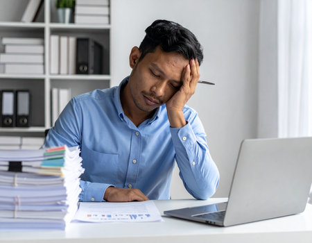 Frustrated office worker overwhelmed with paperwork and computer screen conveys stress and exhaustion Ideal for illustrating work life balance issues.の素材