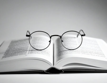 Open book with reading glasses resting on its pages creates a studious atmosphere Ideal for education and learning concepts.の素材