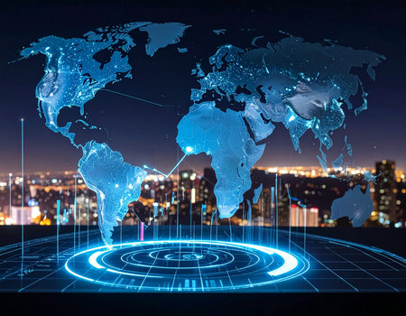 Futuristic world map displays glowing data connections over a city skyline representing global technology and communication Ideal for illustrating networking conceptsの素材