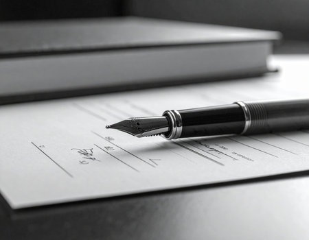 Elegant fountain pen rests on lined paper with a book nearby evoking a sense of classic writing and thoughtful composition Ideal for education or literature concepts.の素材