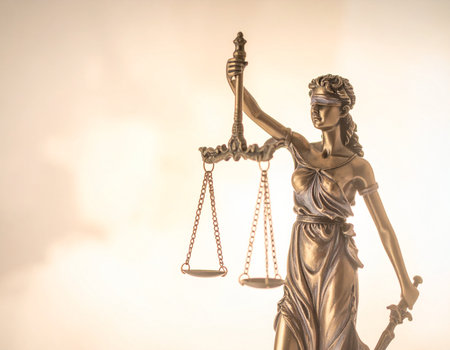 A golden statue of Lady Justice holds scales and a sword symbolizing fairness and legal judgement Ideal for law and justice related themes.の素材